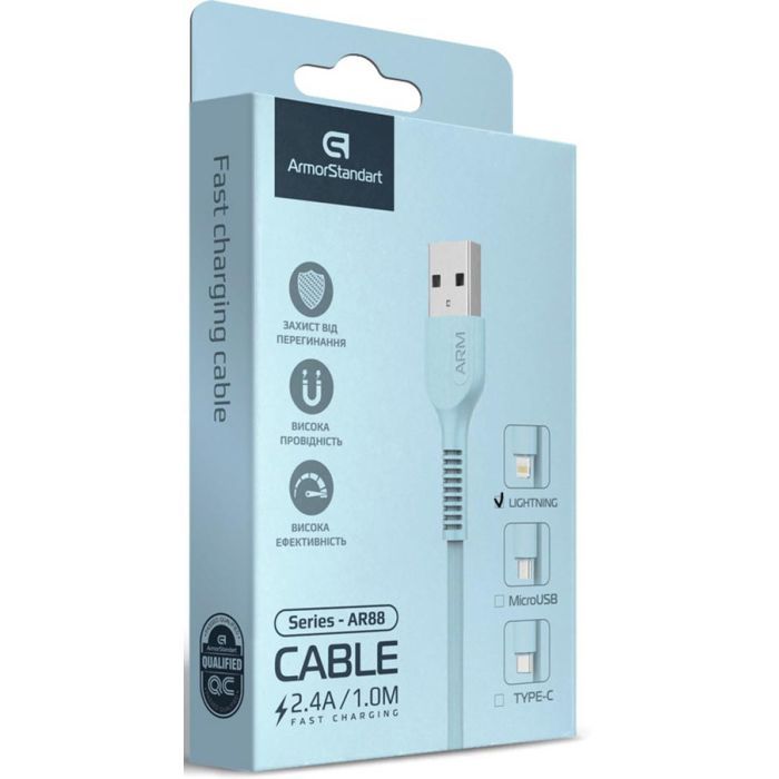 Дата кабель USB 2.0 AM to Lightning 1.0m AR88 2.4A blue Armorstandart (ARM60011) изображение 4