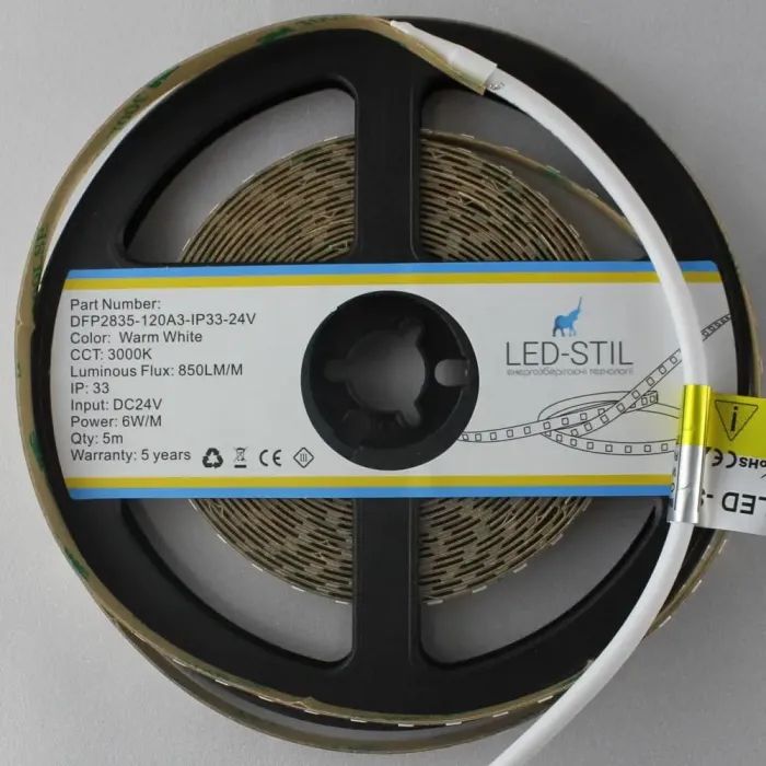 Светодиодная лента LED-STIL 3000K 6 Вт/м 2835 128 діодів IP33 24 Вольта 850 lm тепле світло (DFP2835-128A3-IP33-24V) изображение 4