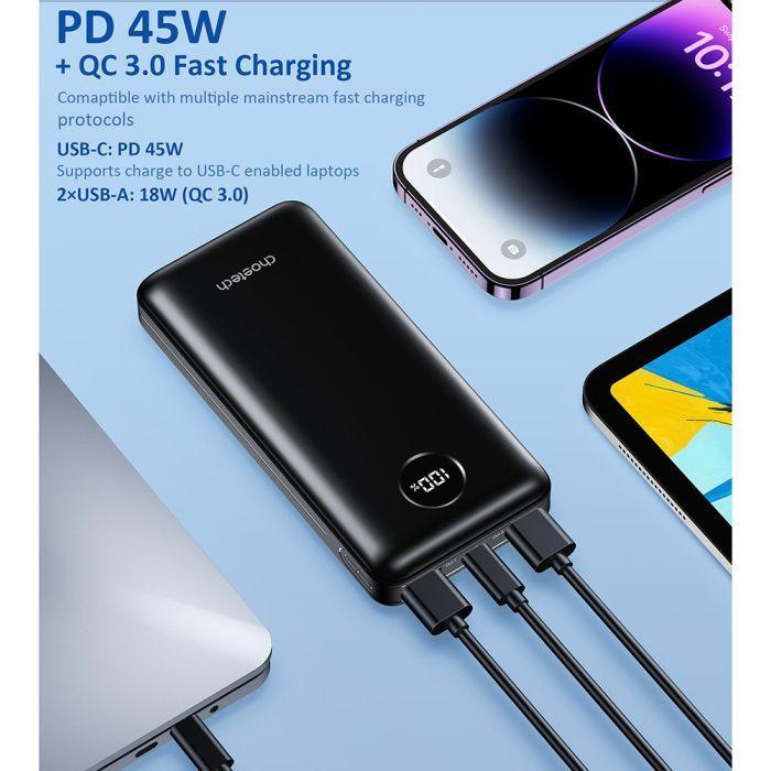 Батарея универсальная Choetech 20000mAh, PD/3.0/45W, QC/3.0/18W, USB-C, 2*USB-A (B653-CCBK / B653-BK) изображение 4