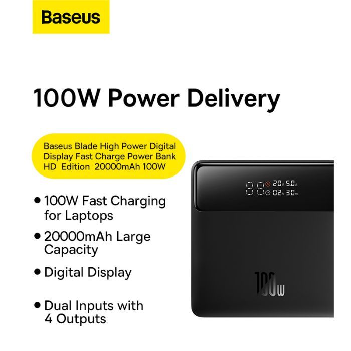 Батарея универсальная Baseus Blade HD 20000mAh PD/100W, Black (PPBL000101 / PPBLD100HD) изображение 2