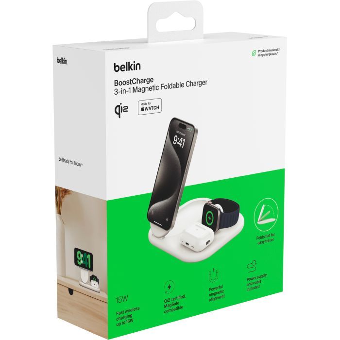 Зарядное устройство Belkin 3in1 Magnetic Foldable iPhone/Watch/AirPods Qi2 15W white (WIZ029VFWH) изображение 12