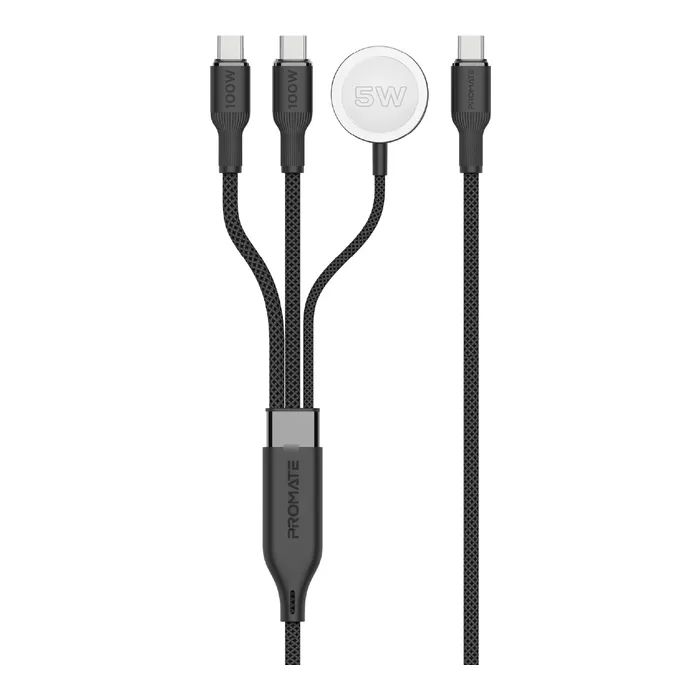Дата кабель USB-C to 2xUSB-C 100W + Apple Watch 5W 1.4m FUSION-CCW black Promate (fusion-ccw.black)