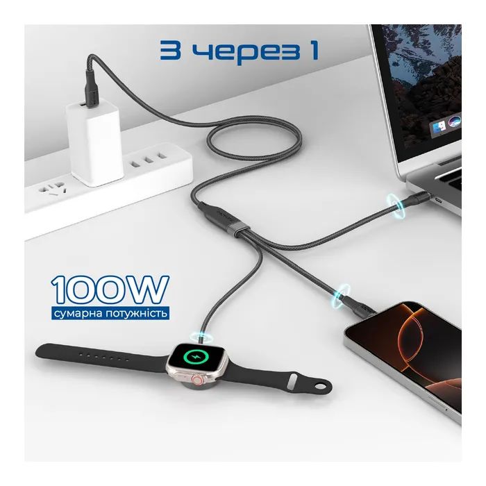 Дата кабель USB-C to 2xUSB-C 100W + Apple Watch 5W 1.4m FUSION-CCW black Promate (fusion-ccw.black) изображение 2