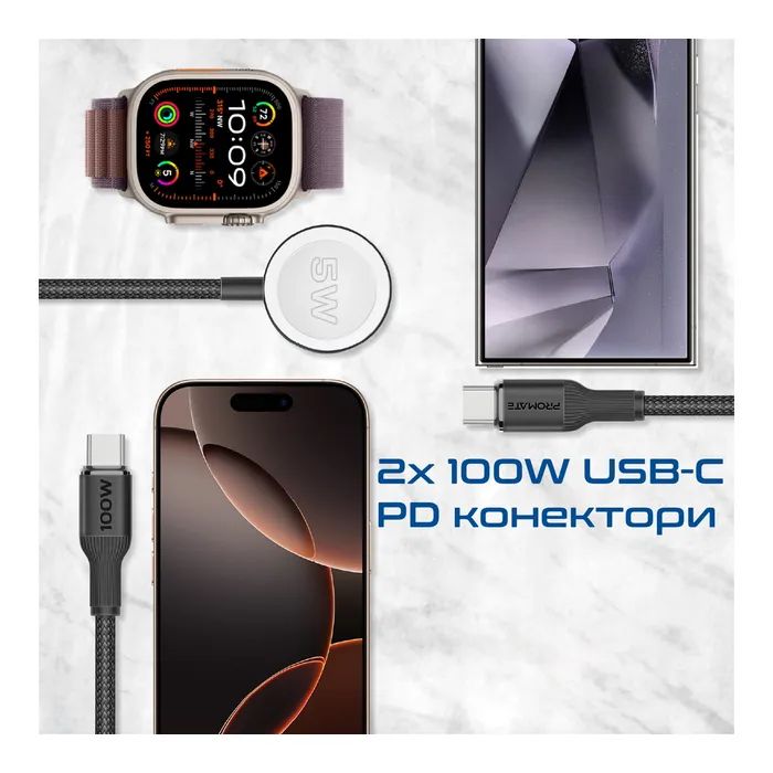 Дата кабель USB-C to 2xUSB-C 100W + Apple Watch 5W 1.4m FUSION-CCW black Promate (fusion-ccw.black) изображение 3