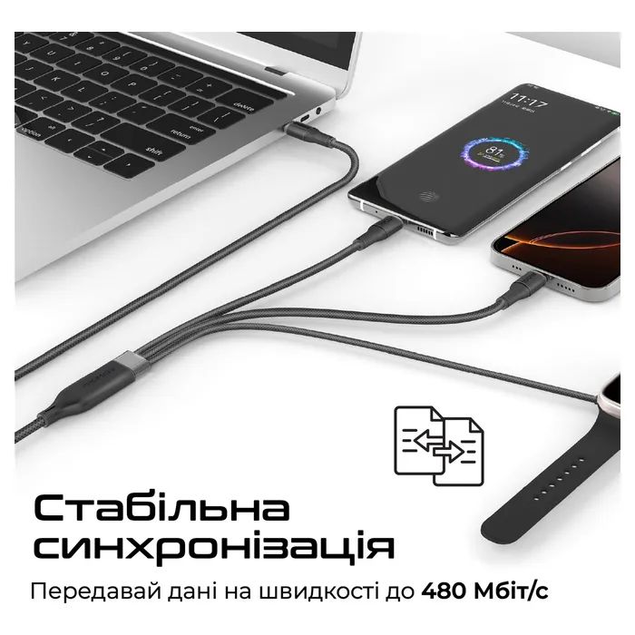 Дата кабель USB-C to 2xUSB-C 100W + Apple Watch 5W 1.4m FUSION-CCW black Promate (fusion-ccw.black) изображение 5