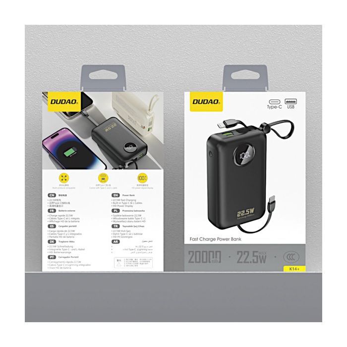 Батарея універсальна Dudao 20000mAh K14+ 22.5W, PD, QC, USB-A, USB-C(In/Out), with built-in USB-C/Lightning cables, Black (6977196680016) зображення 3