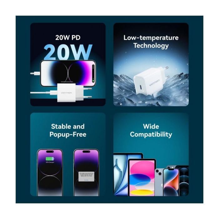 Зарядний пристрій Vention 1xUSB-C PD20W + cable USB-C to Lightning white (G17W0-EU) зображення 3
