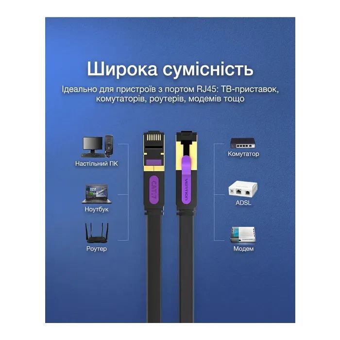 Патч-корд 10м, UTP cat 7 RJ-45 flat black Vention (ICABL) изображение 12