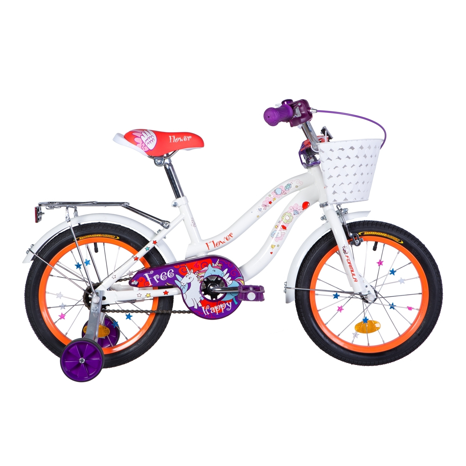 Детский велосипед Formula 16" FLOWER рама-10" St 2020 бело-оранжевый c фиолетов с бага (OPS-FRK-16-111)