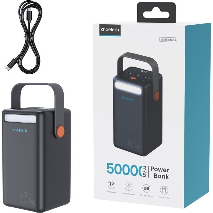 Батарея універсальна Choetech 50000mAh, PD/3.0/65W, QC/3.0/18W, USB-C, 3*USB-A, mirco USB, LED Light (B664-CCBE) зображення 3