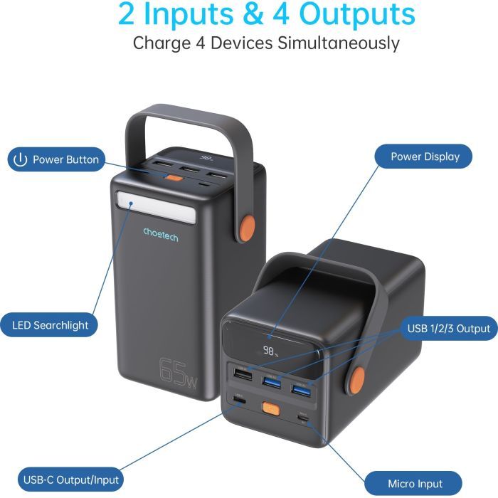 Батарея універсальна Choetech 50000mAh, PD/3.0/65W, QC/3.0/18W, USB-C, 3*USB-A, mirco USB, LED Light (B664-CCBE) зображення 4