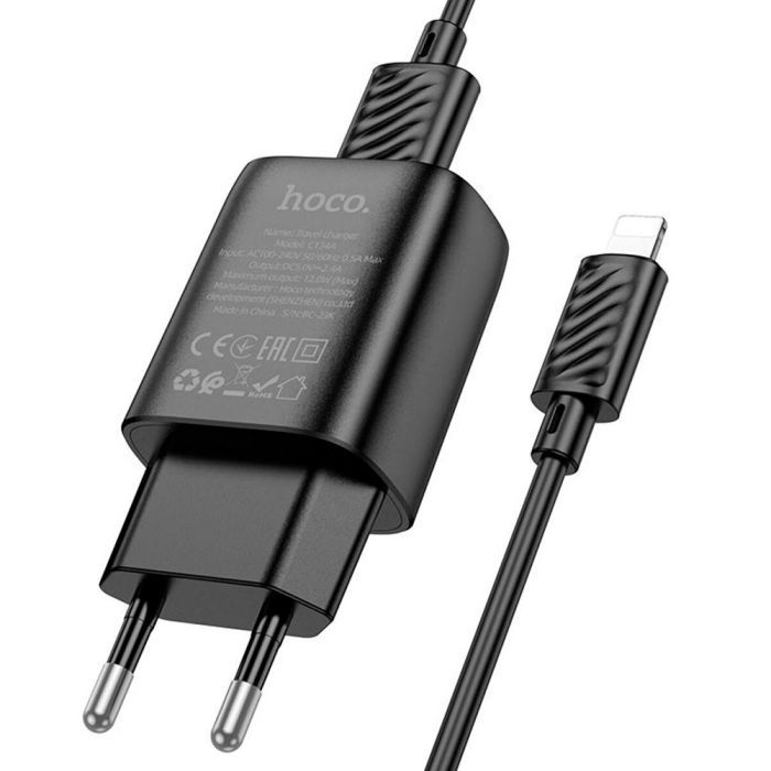 Зарядное устройство HOCO C134A Solid USB + cable USB to Lightning Black (6942007621311) изображение 3