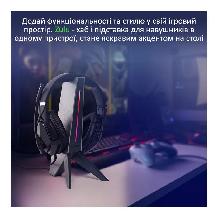 Подставка для гарнитуры Vertux USB 2.0 to 2xUSB 2.0 + AUX 3.5mm + stand black (zulu.black) изображение 3