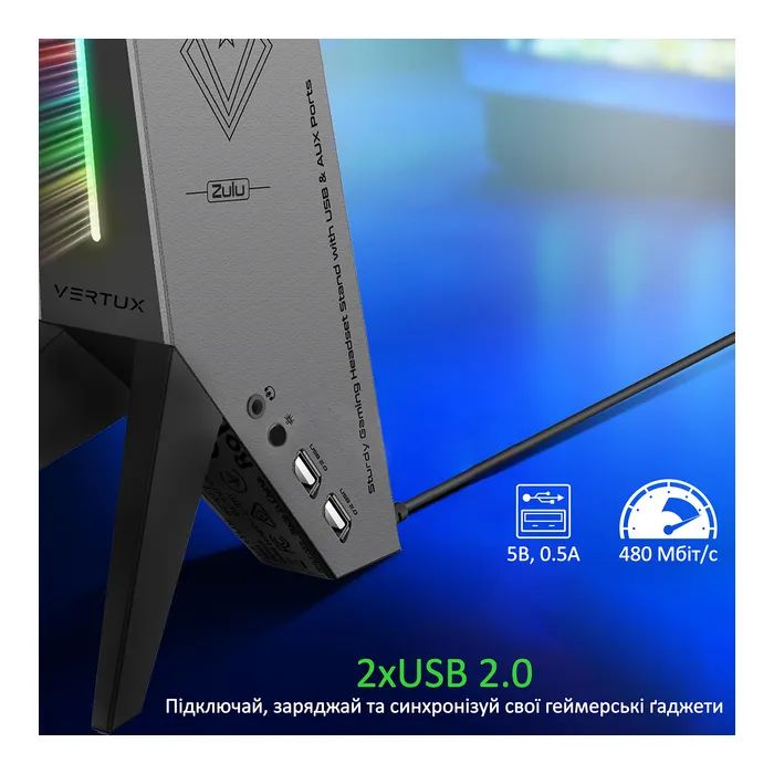 Подставка для гарнитуры Vertux USB 2.0 to 2xUSB 2.0 + AUX 3.5mm + stand black (zulu.black) изображение 4