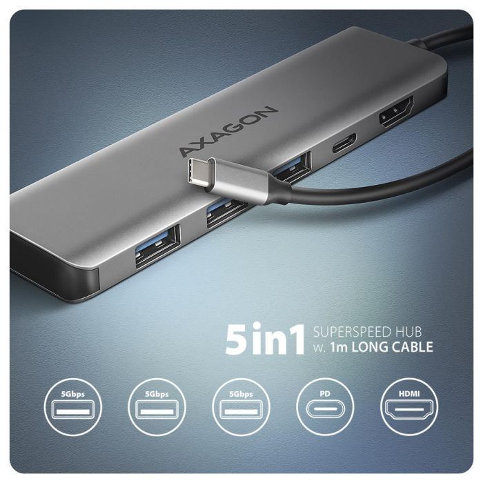 Концентратор AXAGON USB-C to 3xUSB-A + HDMI 5Gbps + PD 100W 1.0m grey (HMC-5H) изображение 2