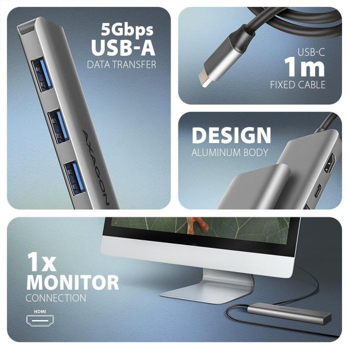 Концентратор AXAGON USB-C to 3xUSB-A + HDMI 5Gbps + PD 100W 1.0m grey (HMC-5H) изображение 3