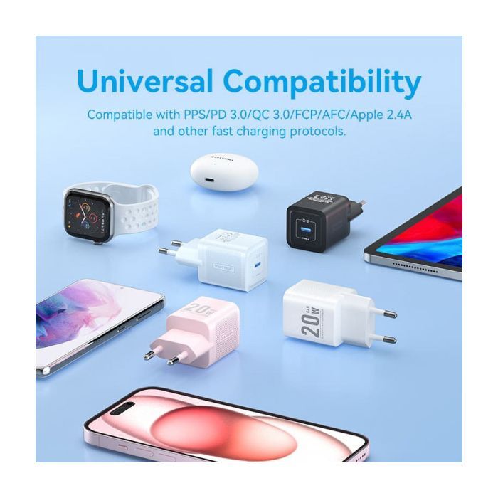 Зарядний пристрій Vention 1xUSB-C PD20W GaN + cable USB-C to USB-C black (TZ-FEPB0-EU-01) зображення 6