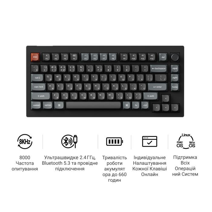 Клавіатура Keychron V1 Ultra Keychron Red Switch RGB UA Black (V1U-D1-UA) зображення 8