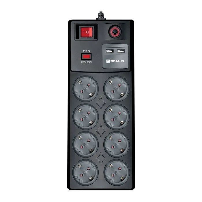 Мережевий фільтр живлення REAL-EL RS-8F USB CHARGE 3m, black (EL122300004)