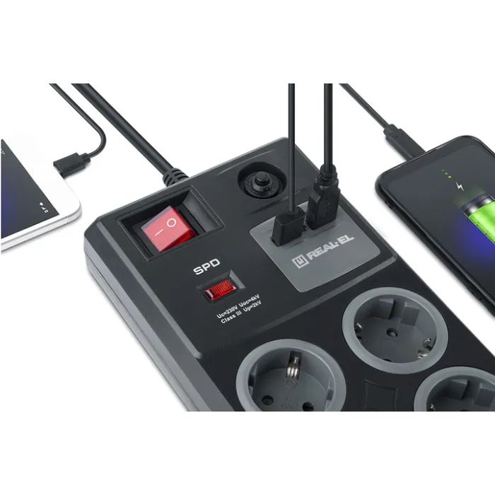 Мережевий фільтр живлення REAL-EL RS-8F USB CHARGE 3m, black (EL122300004) зображення 4
