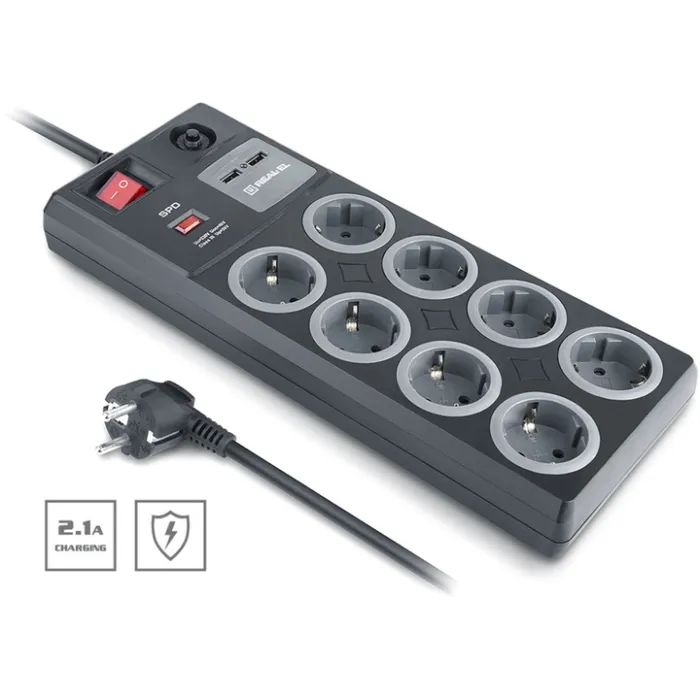 Мережевий фільтр живлення REAL-EL RS-8F USB CHARGE 3m, black (EL122300004) зображення 6