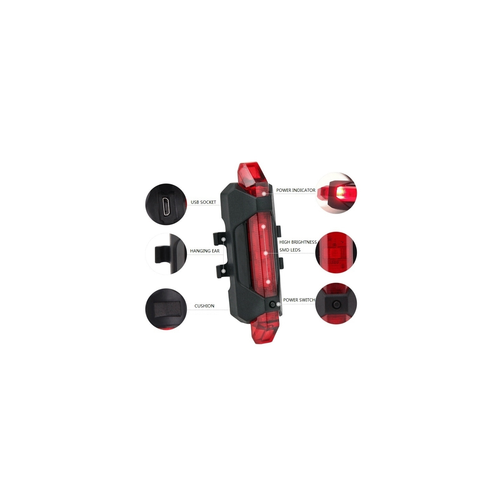 Задняя велофара Velotrade габаритный задний BC-TL5411 красный 5 светодиодов USB (LTSS-018)