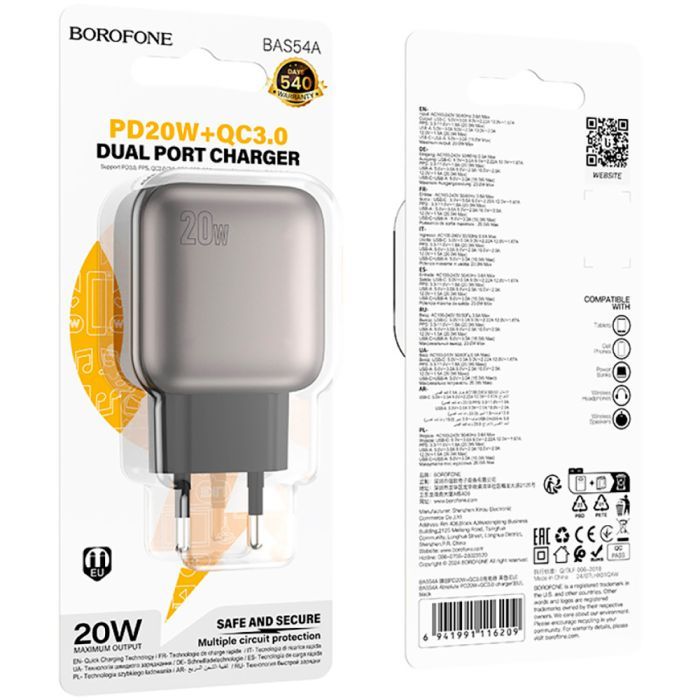 Зарядное устройство BOROFONE BAS54A Absolute 1xUSB-C PD20W + 1xUSB QC3.0 Black (6941991116209) изображение 7