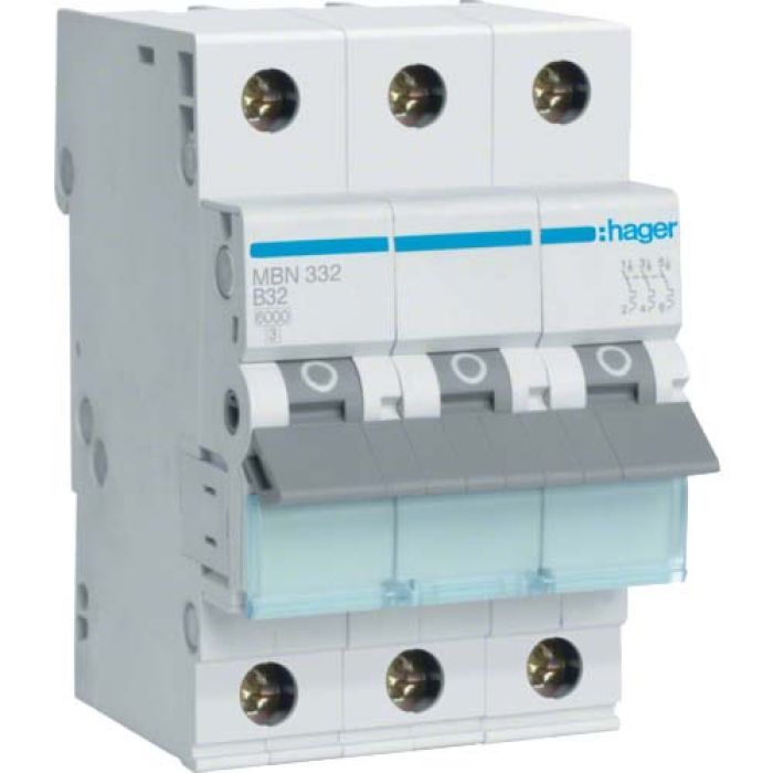 Автоматический выключатель Hager 3-п. B 32A (6kA) 3M (A) (MBN332)