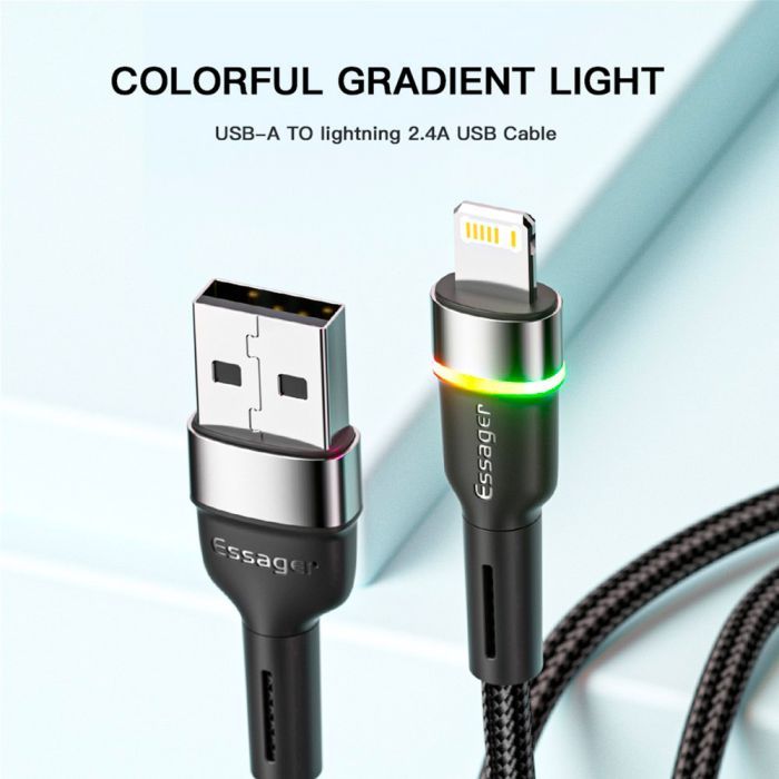 Дата кабель USB 2.0 AM to Lightning 2.0m 2.4A LED black Essager (EXCL-XCDA01) зображення 4