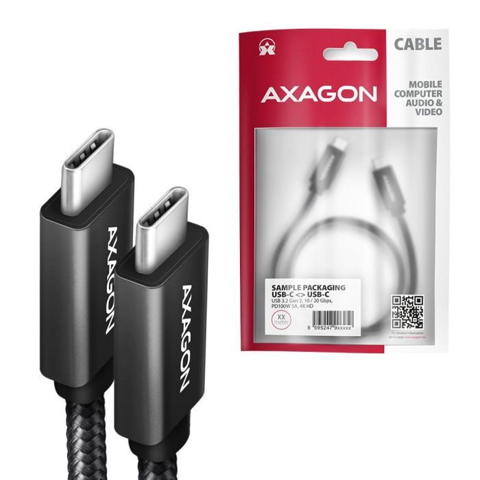 Дата кабель USB-C to USB-C 2.0m USB 3.2 Gen 2 PD 100W 5A 4K black AXAGON (BUCM32-CM20AB) изображение 2
