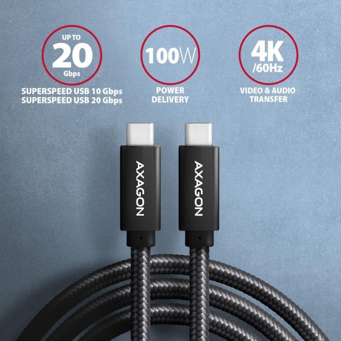 Дата кабель USB-C to USB-C 2.0m USB 3.2 Gen 2 PD 100W 5A 4K black AXAGON (BUCM32-CM20AB) изображение 4