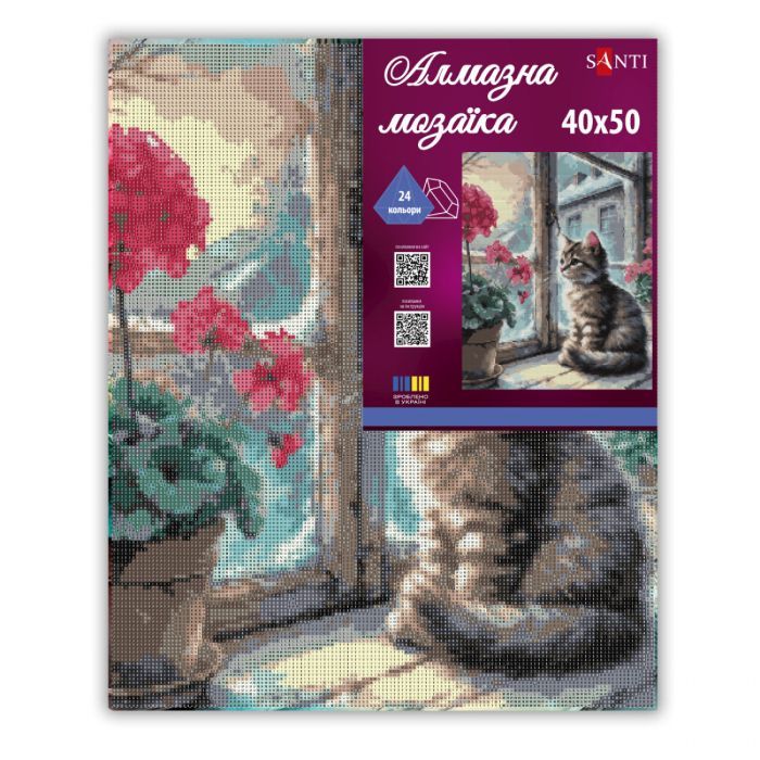 Картина по номерам Santi алмазна мозаїка Квітка та кошеня 40х50 см на підрамни (956056) изображение 2