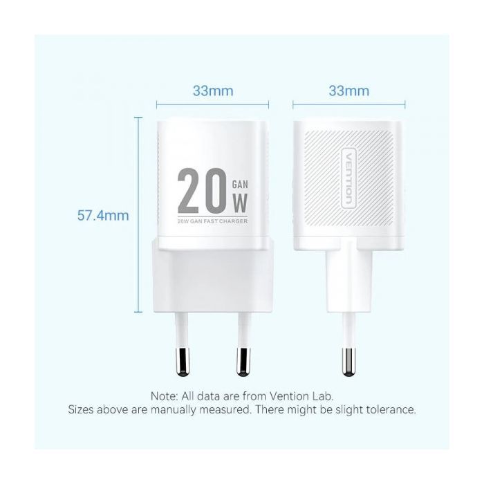 Зарядний пристрій Vention 1xUSB-C PD20W GaN + cable USB-C to USB-C white (TZ-FEPW0-EU-01) зображення 2