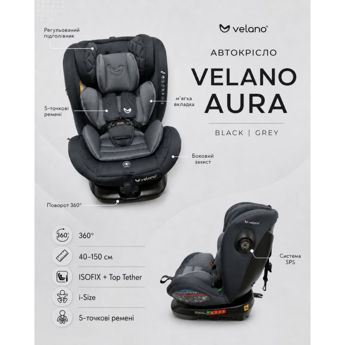 Автокресло Velano Aura 360° i-Size 40150 см, ISOFIX, black (48415) изображение 7