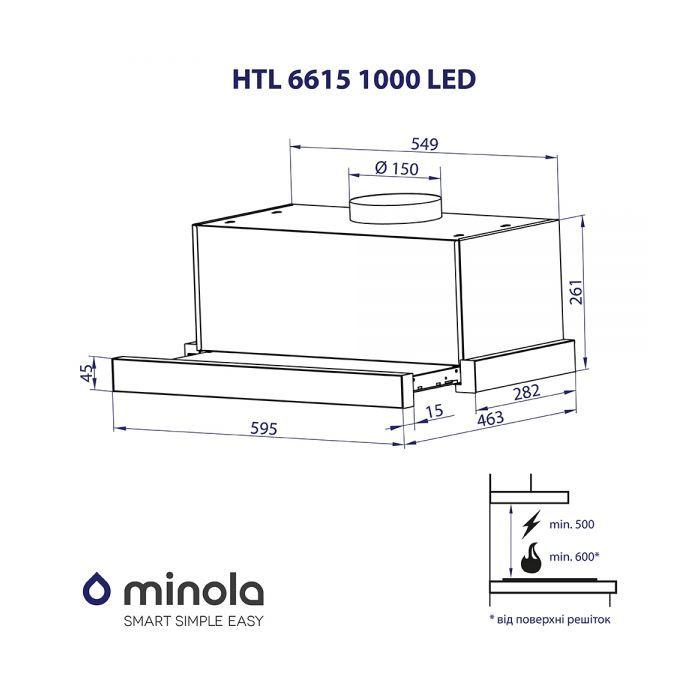 Витяжка кухонна Minola HTL 6615 WH 1000 LED зображення 9