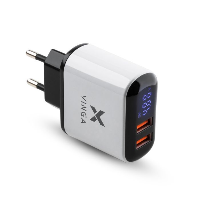 Зарядное устройство Vinga 2 Port QC3.0 Display Wall Charger (VWCQAADW)