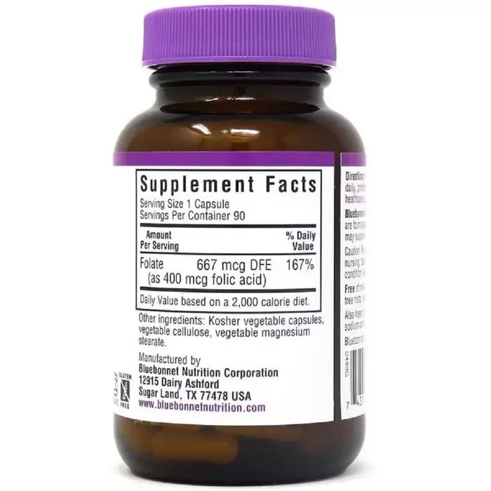 Витамин Bluebonnet Nutrition Фолиевая кислота 400 мг, Folic Acid, 90 вегетарианских капсул (BLB0449) изображение 2