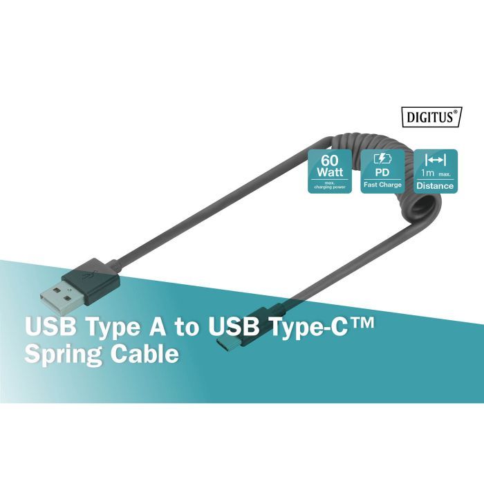 Дата кабель USB 2.0 AM to USB-C 1.0m (0.32m) spiral black Digitus (AK-300430-006-S) зображення 4