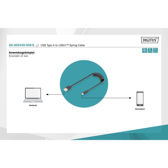 Дата кабель USB 2.0 AM to USB-C 1.0m (0.32m) spiral black Digitus (AK-300430-006-S) зображення 5