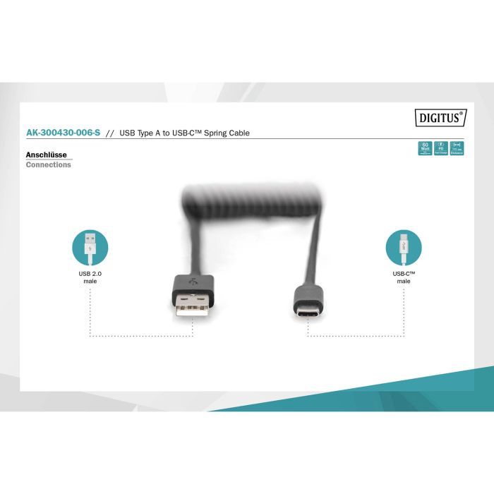 Дата кабель USB 2.0 AM to USB-C 1.0m (0.32m) spiral black Digitus (AK-300430-006-S) зображення 6