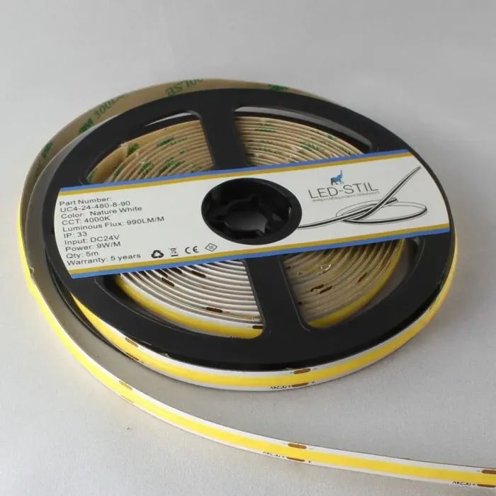 Світлодіодна стрічка LED-STIL 3000K 9 Вт/м COB 480 діодів IP33 24 Вольта 900 lm тепле світло (UC3-24-480-8-90) зображення 5