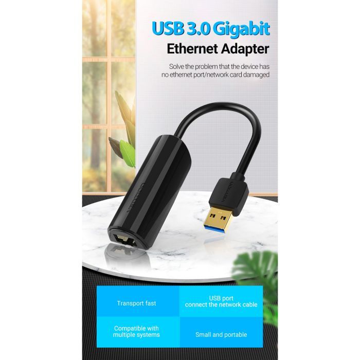 Перехідник USB 3.0 to Ethernet RJ45 1000Mb black Vention (CEHBB) зображення 3