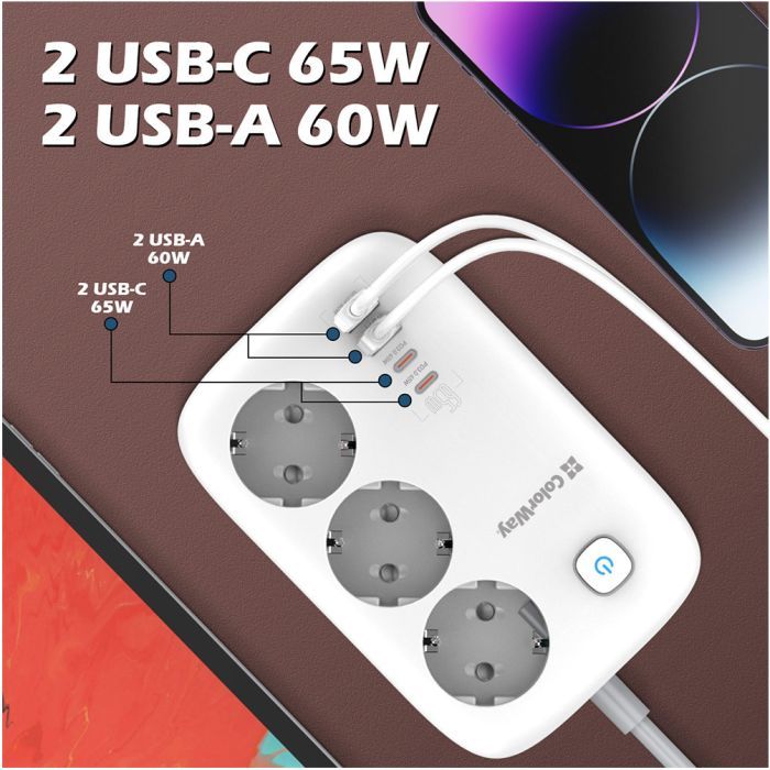 Сетевой фильтр питания ColorWay CW-CHE34PDW 3 розетки/4USB (CW-CHE34PDW) изображение 10