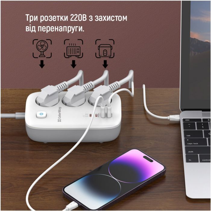 Сетевой фильтр питания ColorWay CW-CHE34PDW 3 розетки/4USB (CW-CHE34PDW) изображение 12
