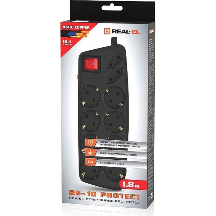 Мережевий фільтр живлення REAL-EL REAL-EL RS-10 Protect, 1.8m, black (EL122300038) зображення 8