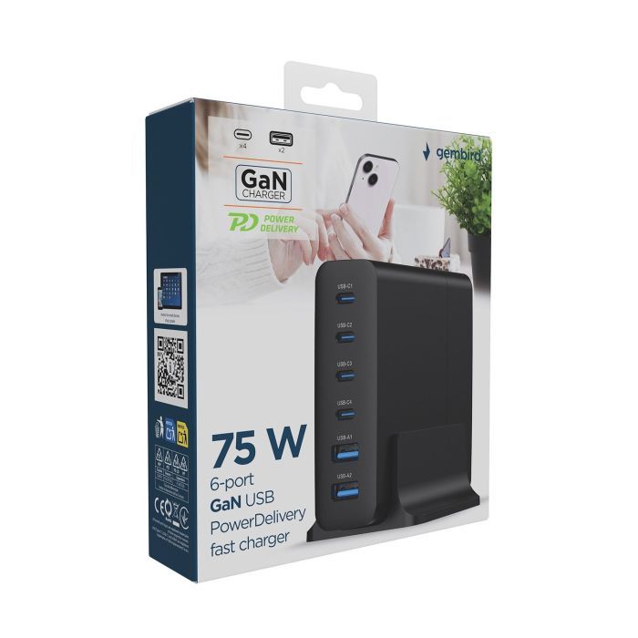 Зарядний пристрій Gembird 4xUSB-C PD25W + 2xUSB QC3.0 18W black (TA-UC-2A4C-PD75-01-BK) зображення 5