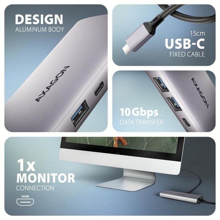 Концентратор AXAGON USB-C to 2xUSB-A + 1xUSB-C + HDMI + RJ45 + PD100W 0.15m gray (HMC-6G2L) изображение 3