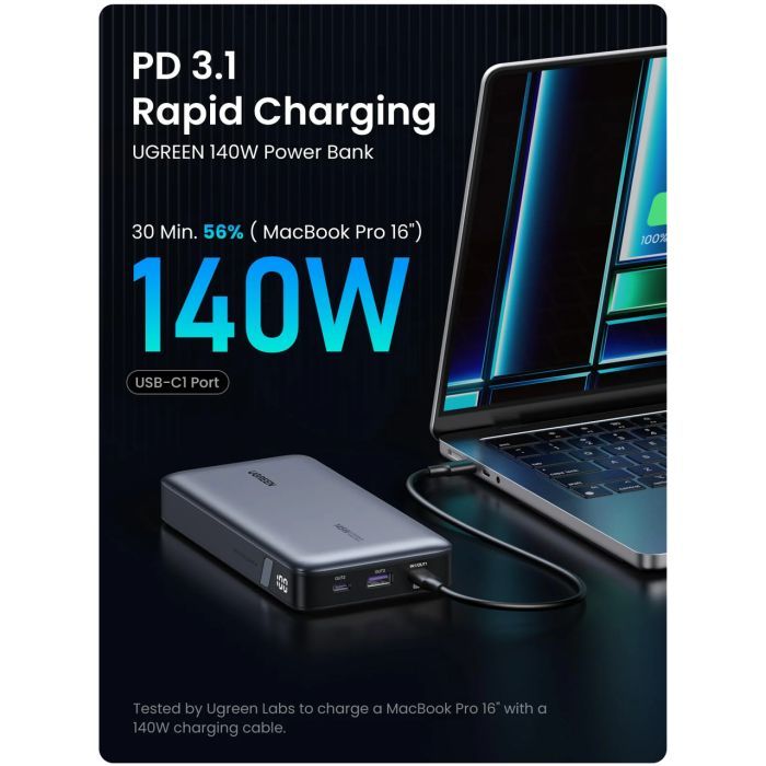 Батарея універсальна Ugreen 25000 mAh 145W Fast Charging Space Gray (U_90597A) зображення 6