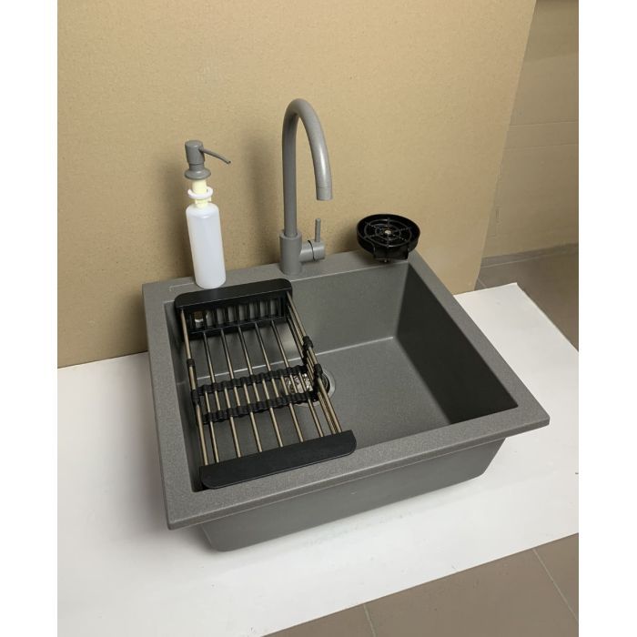 Мойка кухонная Adamant Univer сірий + змішувач + дозатор + ополіскувач склянок + коландер (4824296106604) изображение 2