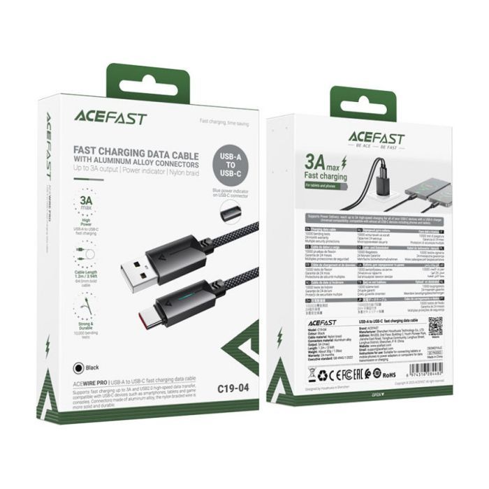 Дата кабель USB 2.0 AM to USB-C 1.2m 60W black Acefast (6974316284482) изображение 4